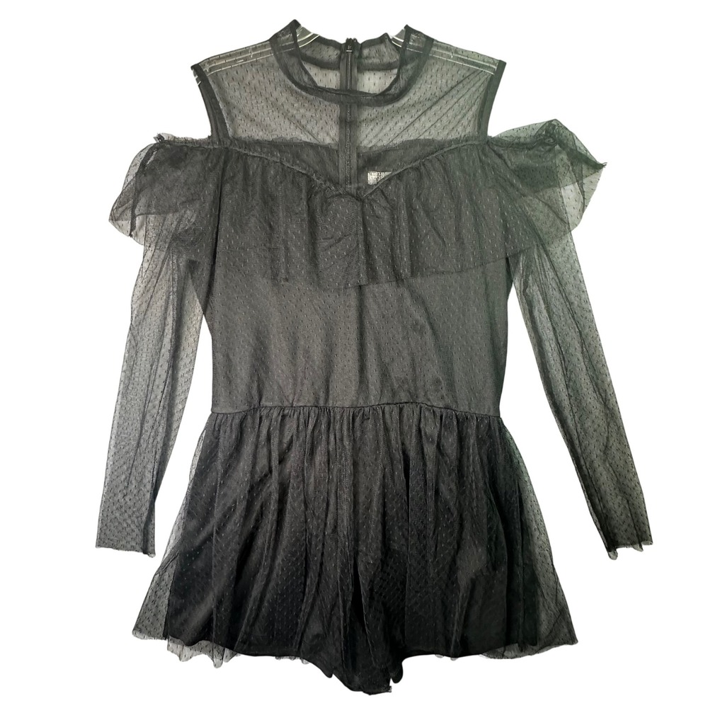 ASOS Black Mesh Cold Shoulder Romper Swiss Dot Ruffle Goth Size 14 Whimsigoth
